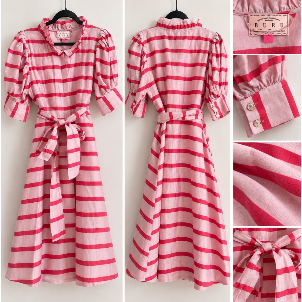 Pink & Red Striped Dress with Waist Tie